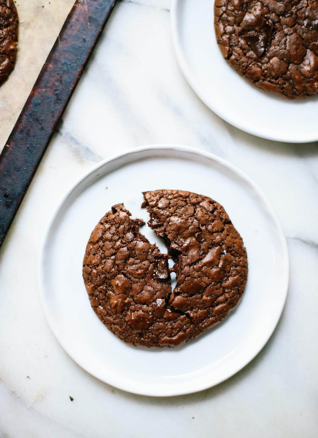 This gluten-free double chocolate cookie recipe is made with buckwheat flour! These amazing cookies taste like brownies. Recipe from the new Alternative Baker cookbook. cookieandkate.com