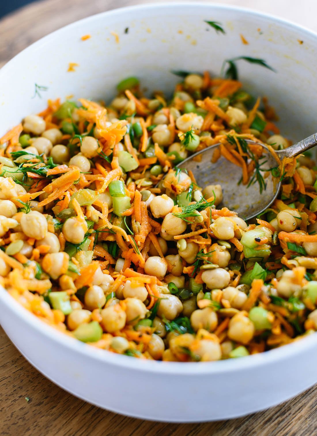 My favorite chickpea salad recipe with carrots, dill and celery. So easy to make! cookieandkate.com