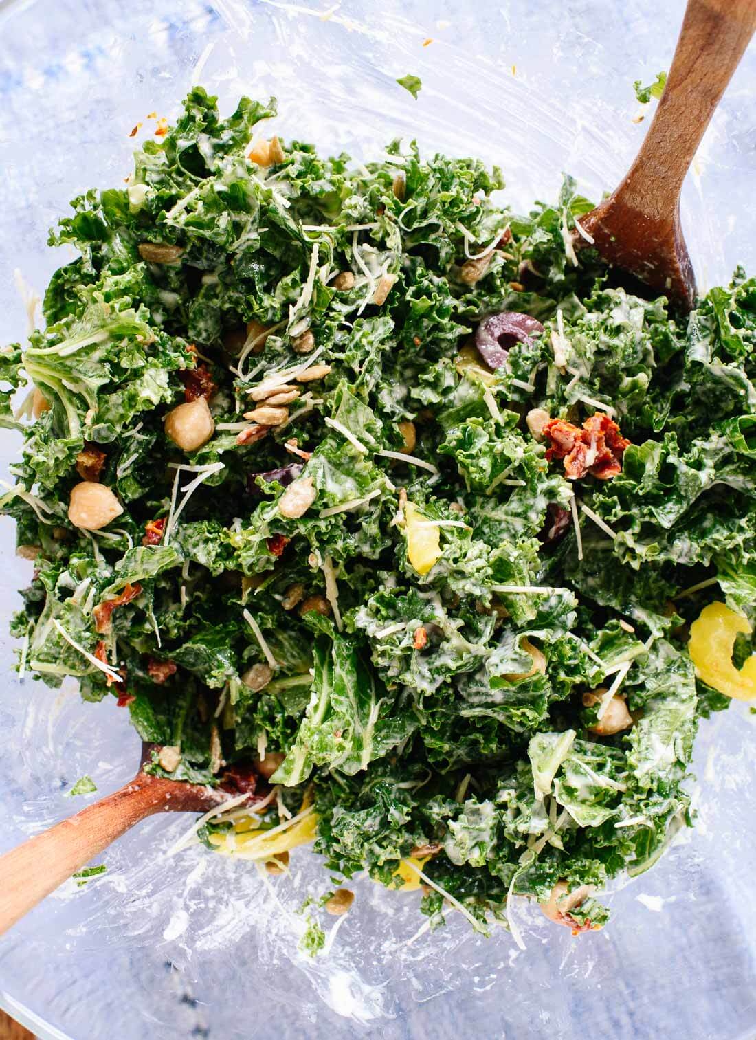 This hearty Greek kale salad packs great for lunch! cookieandkate.com