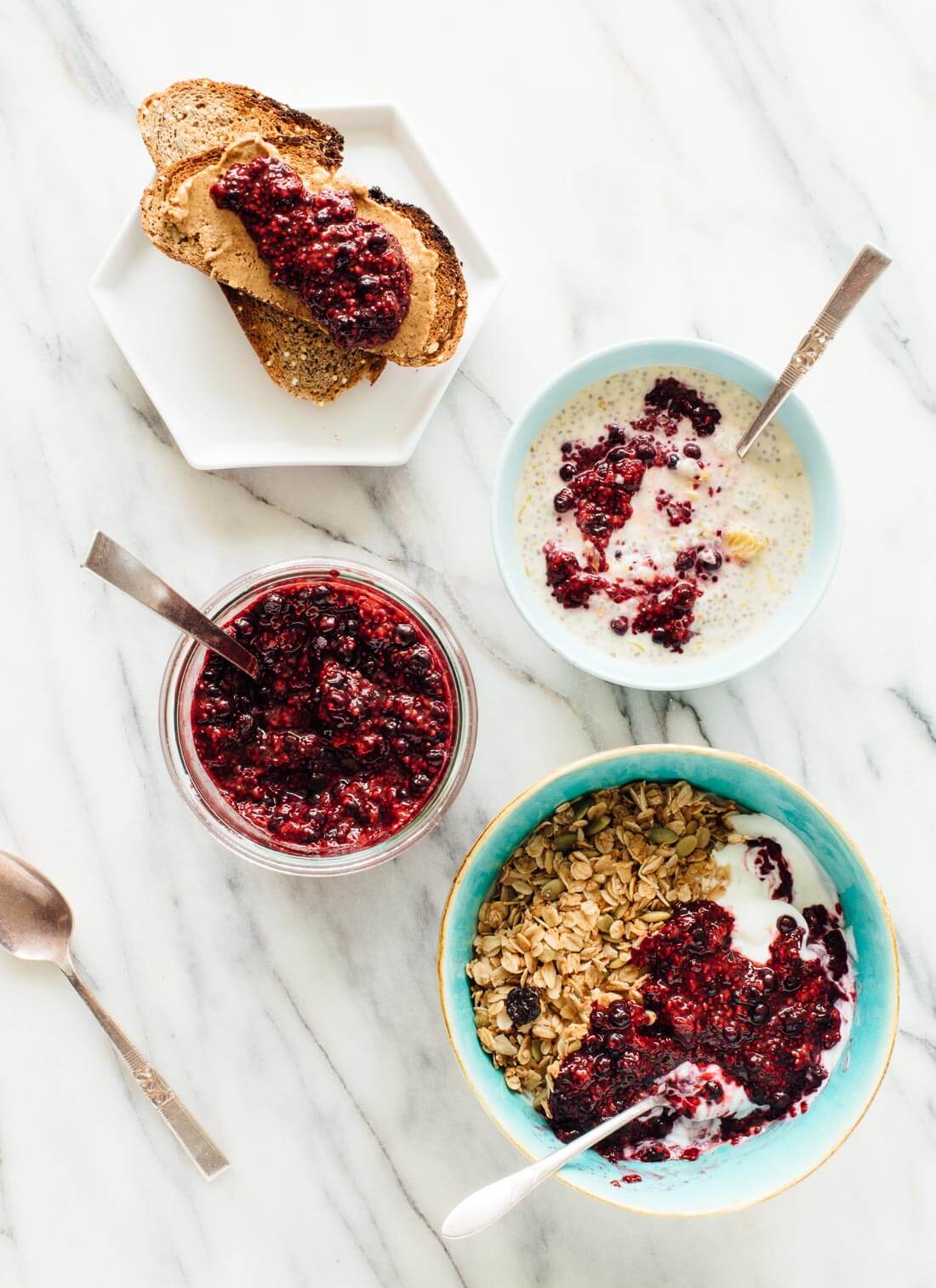 This simple chia seed jam recipe is made with defrosted blueberries and raspberries (no cooking required)! Eat more nutritious berries with this easy jam.