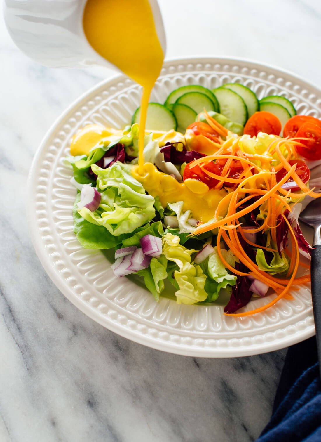 This carrot-ginger salad dressing recipe tastes remarkably fresh, creamy and light. It would pair nicely with other recipes with Asian flavors. Delicious!