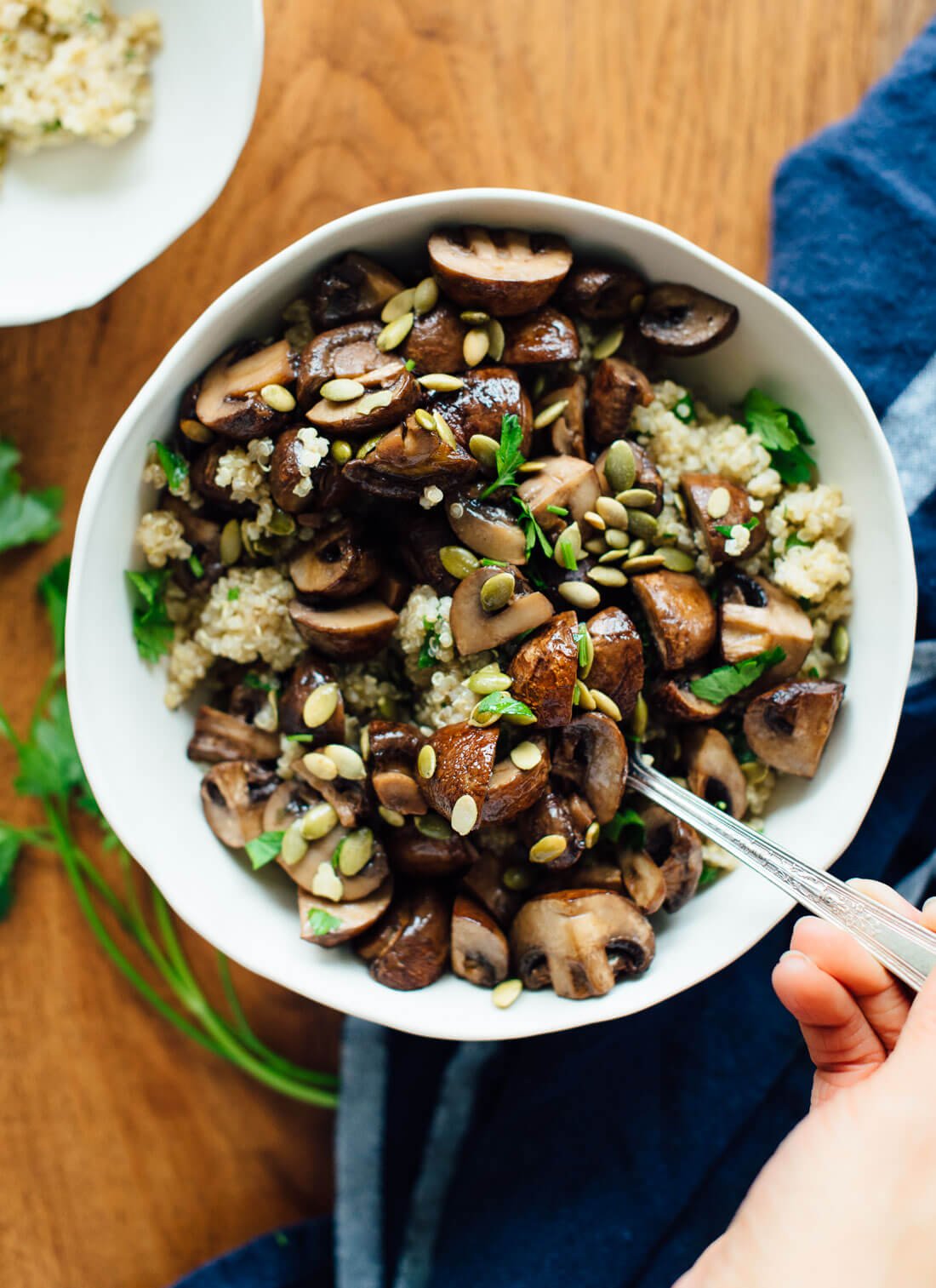 Healthy side dish or light dinner recipe—roasted mushrooms on herbed quinoa!