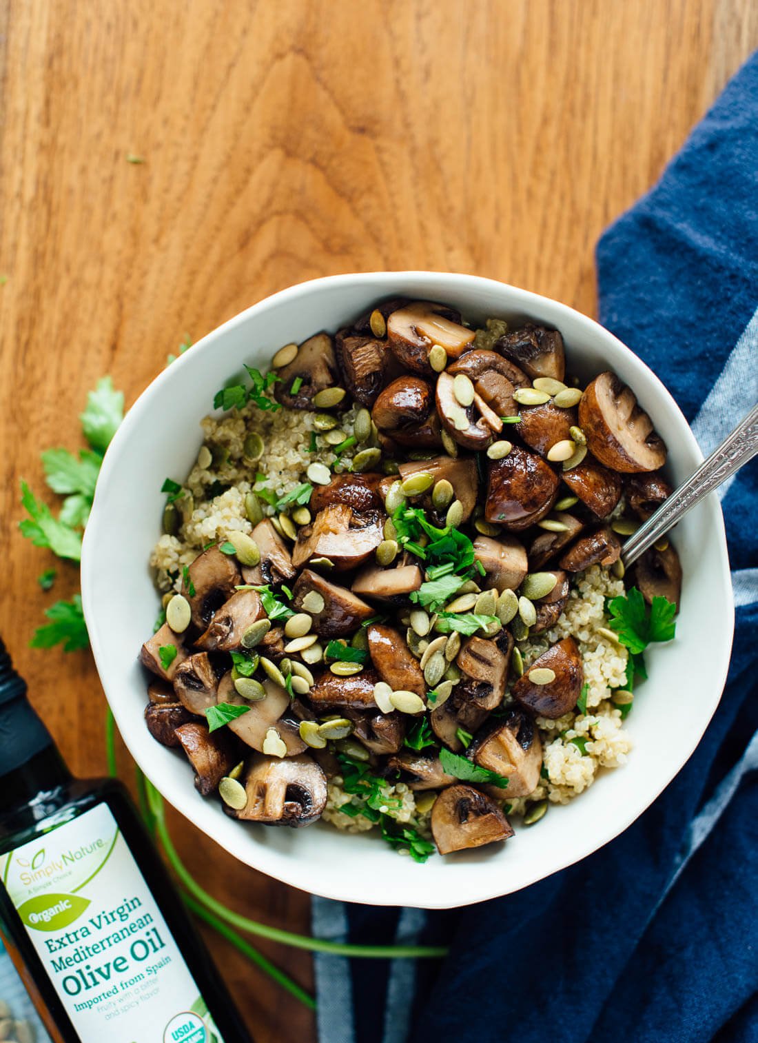Here's a delicious side dish—roasted mushrooms on herbed quinoa! Vegetarian.