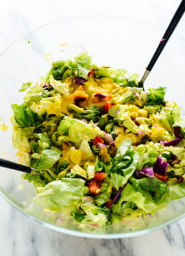 Big green salad with carrot-ginger dressing—so healthy and so delicious!