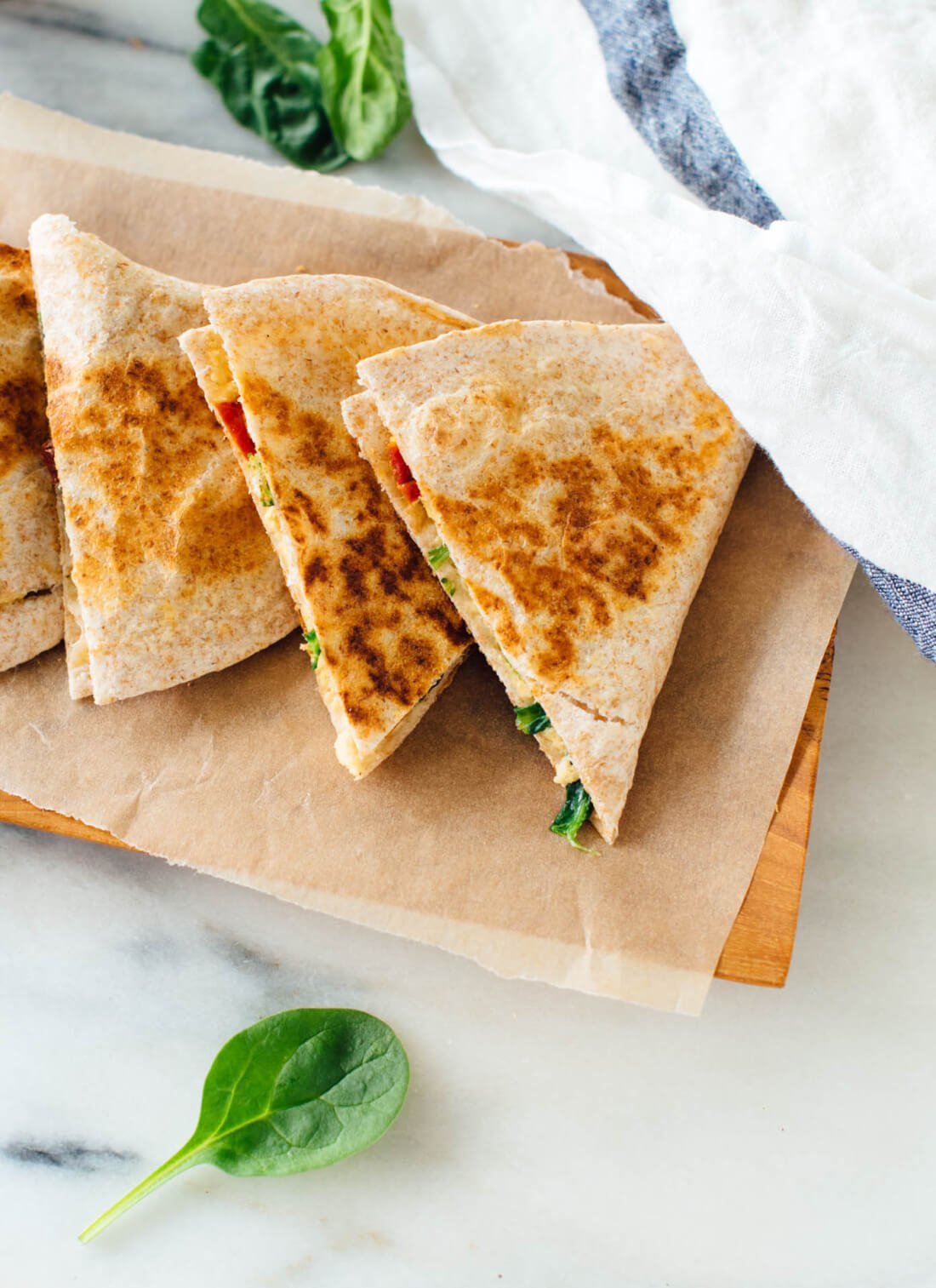 Quesadillas made with hummus, not cheese! These are a healthy, hearty snack or meal.