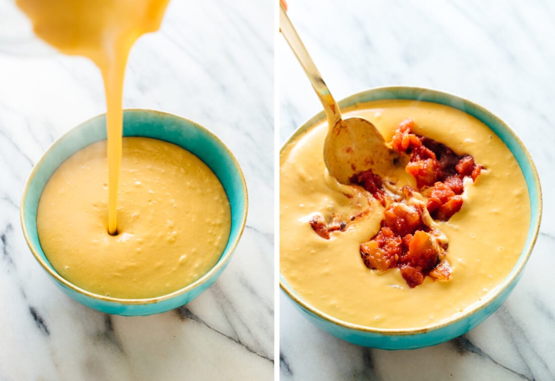 vegan queso with tomatoes