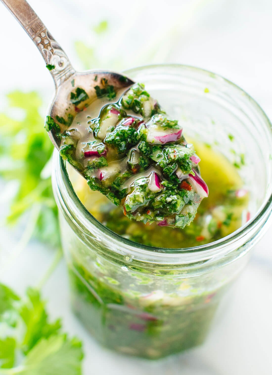 Fresh chimichurri verde recipe, made with parsley, red onion, garlic, red wine vinegar, olive oil and red pepper flakes. cookieandkate.com
