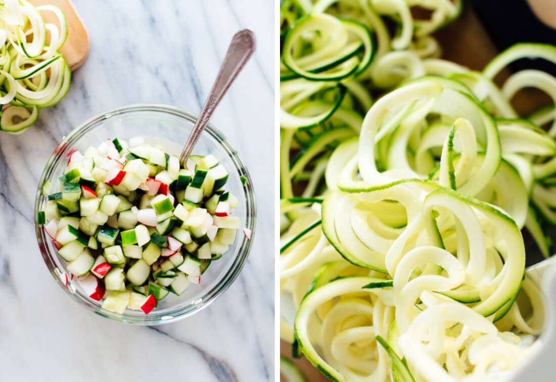 zucchini noodles and quick-pickled vegetables