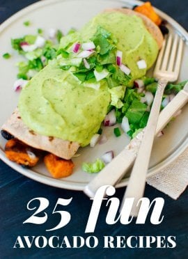 Browse 25 fresh avocado recipes! From easy avocado appetizers (guacamole!) to avocado-topped burritos, find many delicious ways to use up that avocado. All vegetarian; many gluten free and/or vegan. cookieandkate.com