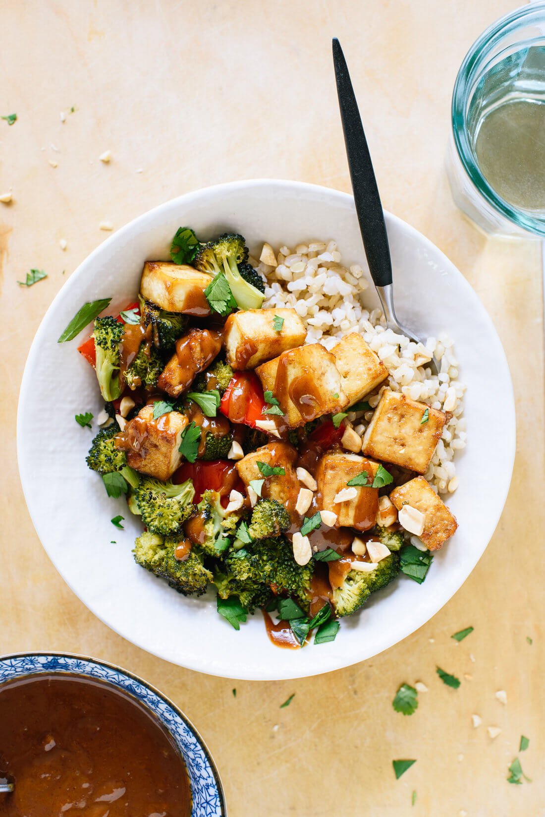 Roasted Broccoli, Bell Pepper and Tofu Bowl with Peanut Sauce