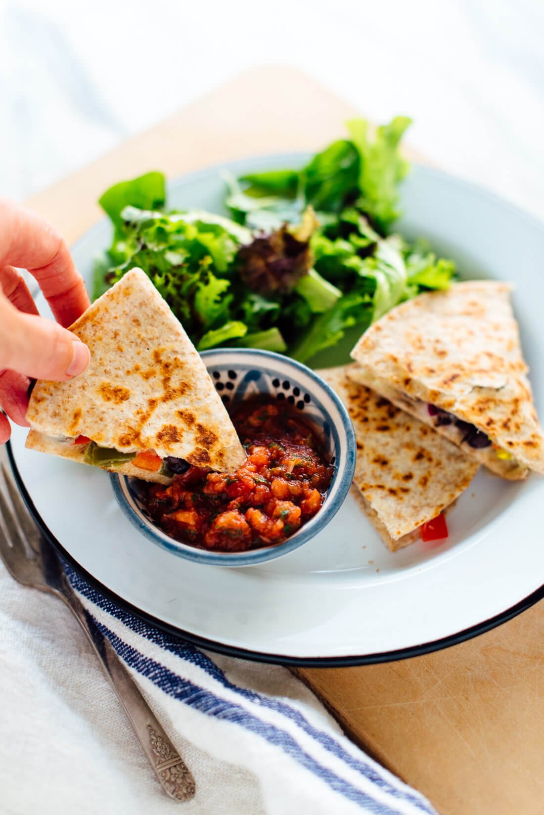 Quesadillas are the perfect quick meal. Enjoy this vegetarian quesadilla in under 10 minutes! Get the recipe at cookieandkate.com