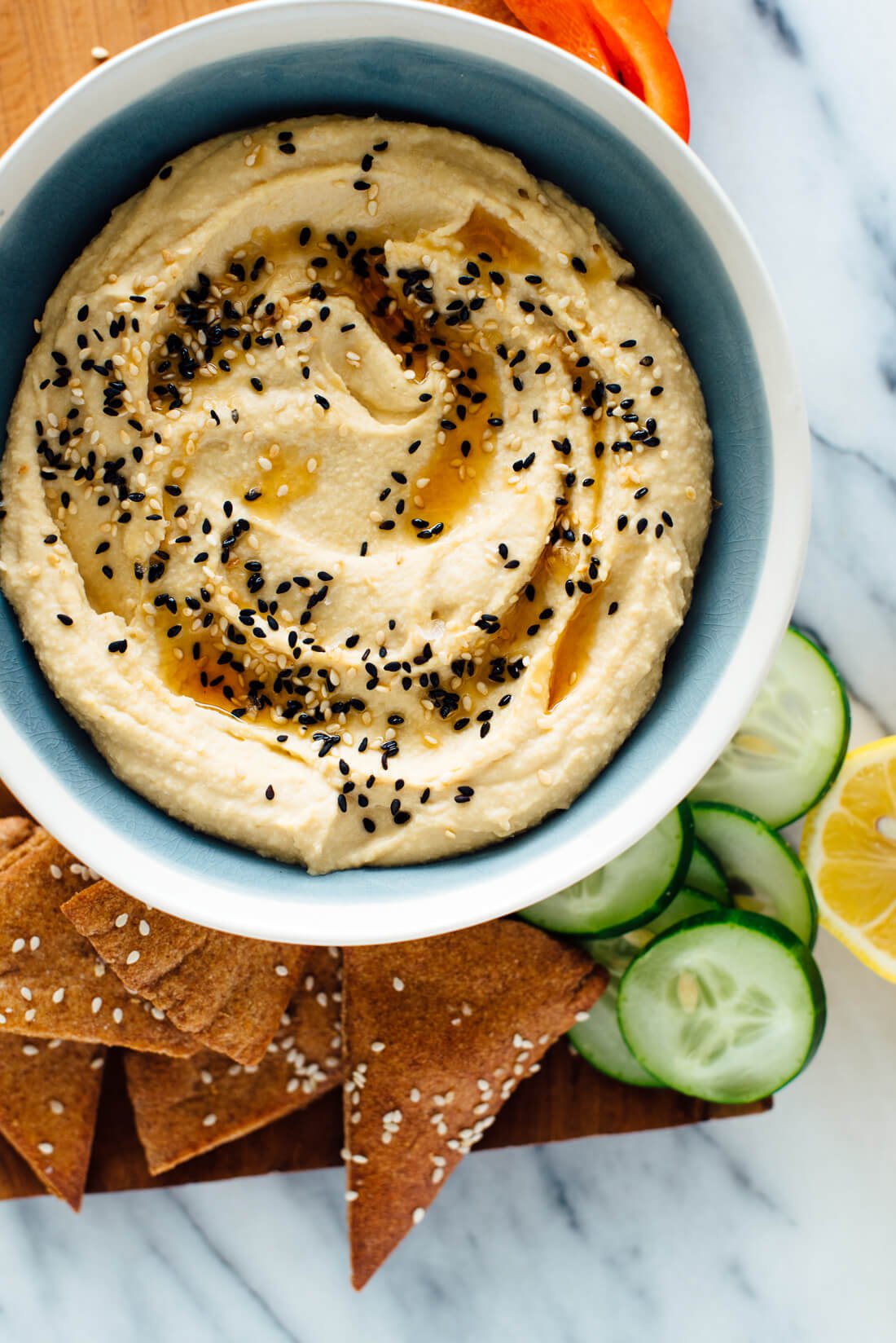 This toasted sesame hummus recipe includes toasted sesame oil and toasted sesame seeds on top! You're going to love it. 