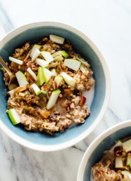 The best bircher muesli recipe, made with old-fashioned oats, homemade applesauce, fresh Granny Smith apple, and nuts.
