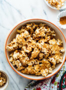 naturally sweetened caramel popcorn recipe made with tahini and maple syrup