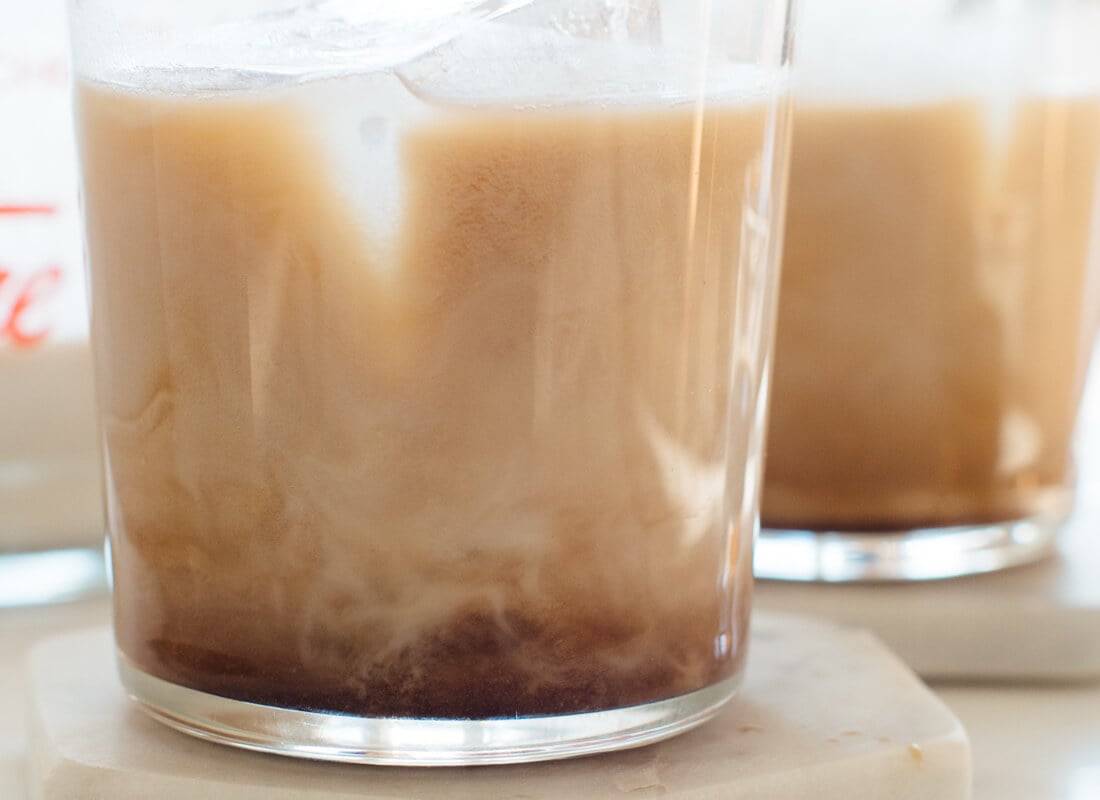 close-up of vegan white Russian cocktail