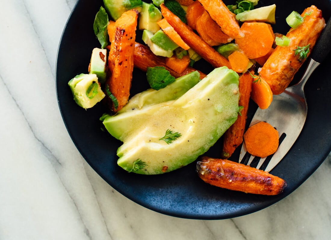 roasted and raw carrot salad with avocado single serving