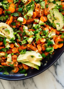roasted and raw carrot salad with avocado
