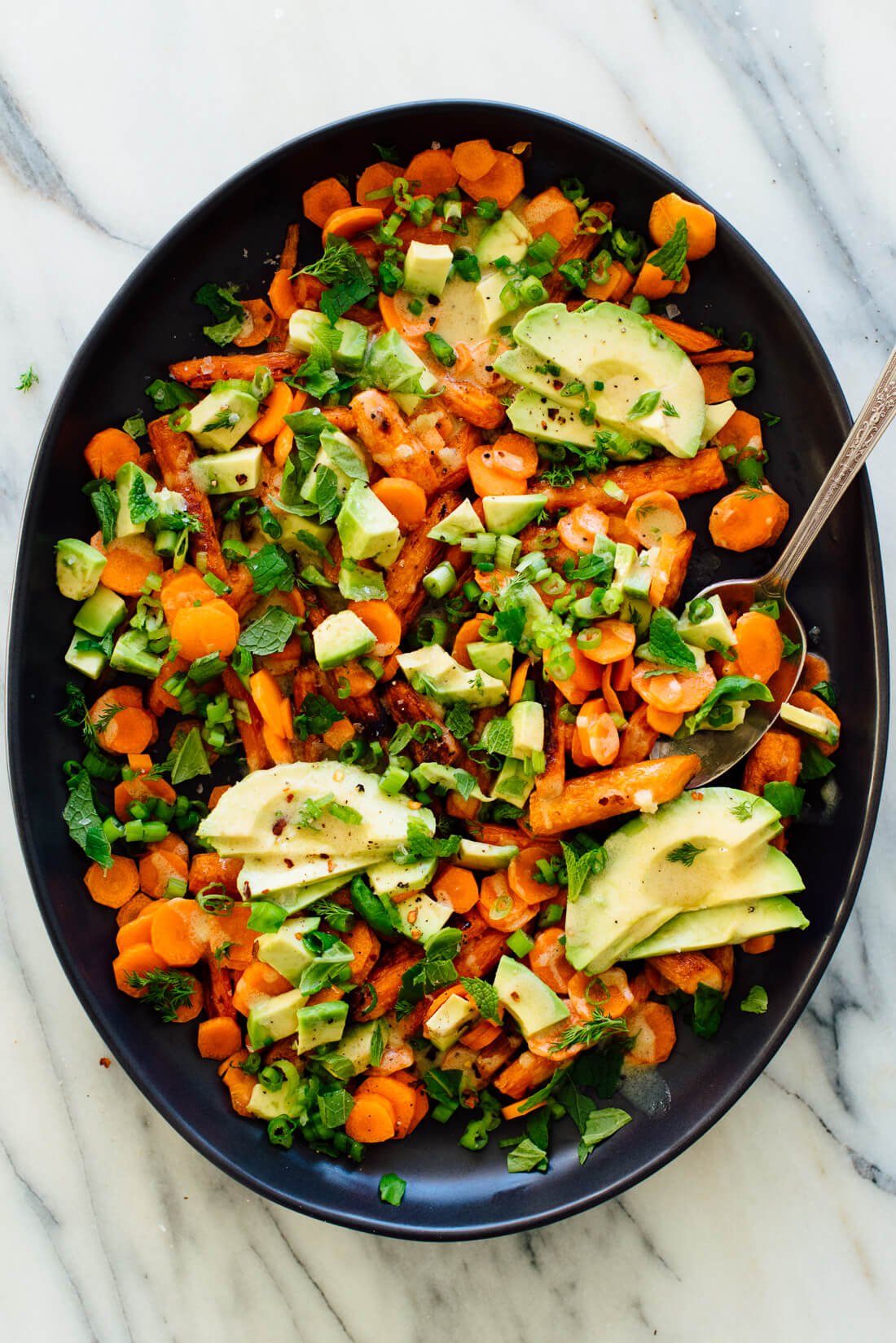 Roasted and raw carrot salad with avocado recipe