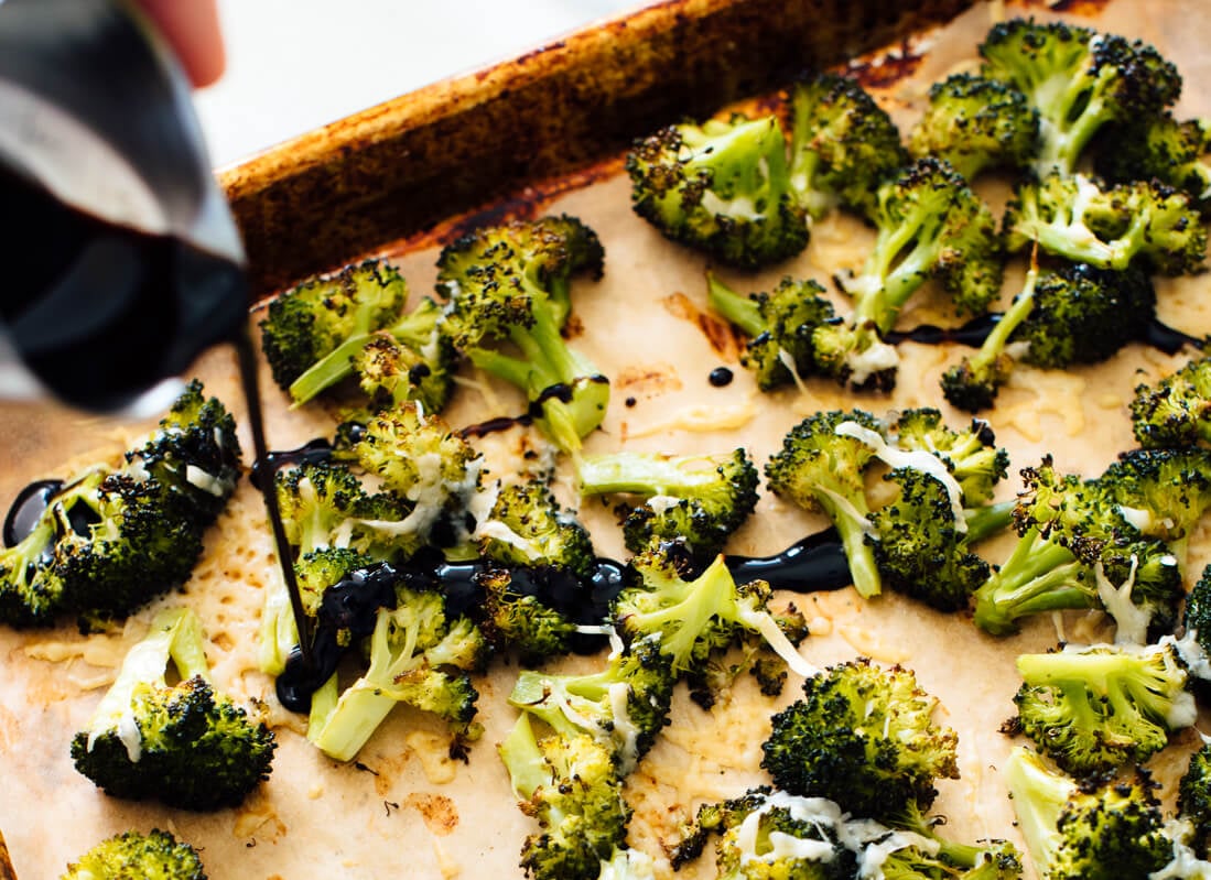 balsamic drizzle on Parmesan roasted broccoli