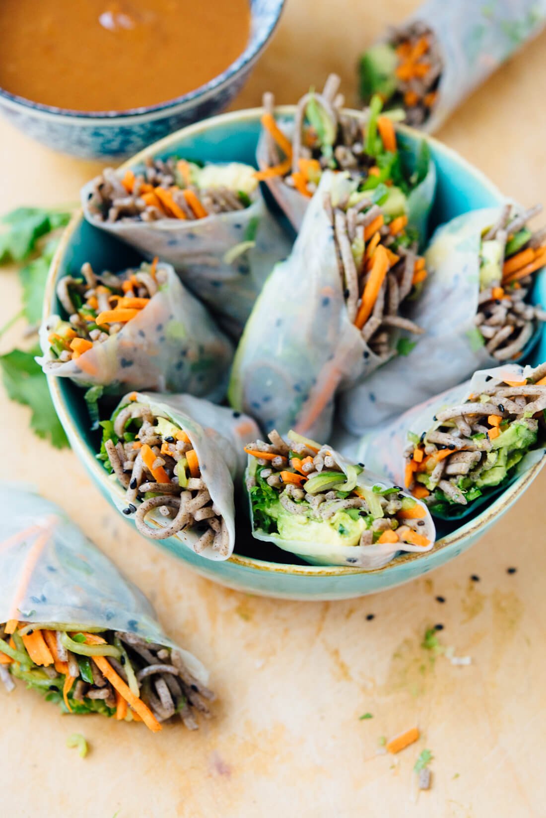 Fresh Sesame Soba Spring Rolls with Peanut Dipping Sauce