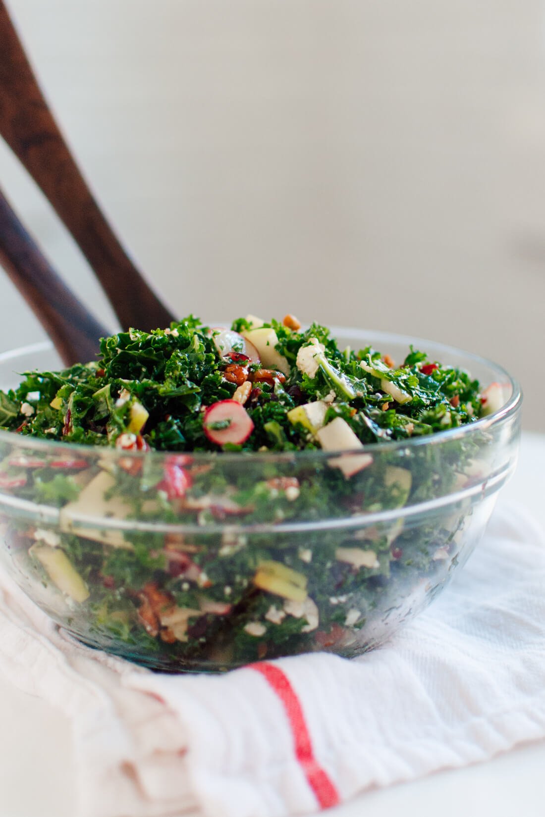 Fresh kale salad with sliced apples, dried cranberries and pecans in a zippy honey-mustard dressing