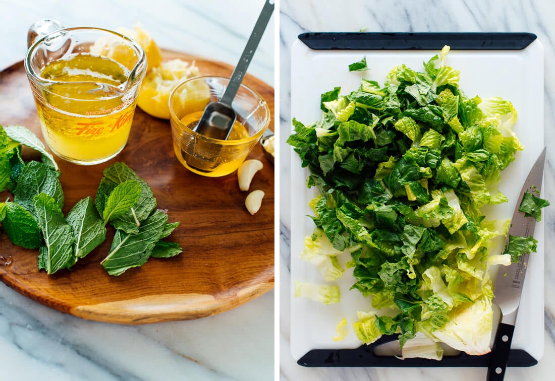mint dressing ingredients and chopped romaine