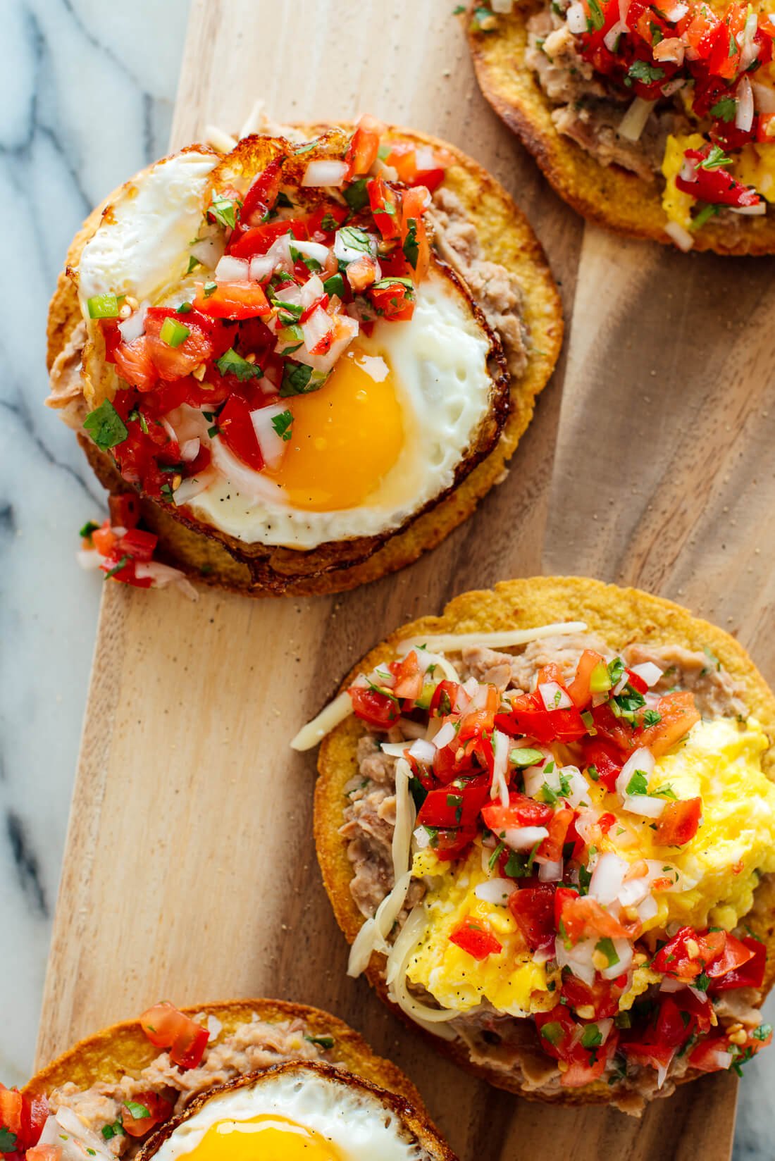 breakfast tostadas with refried beans and pico de gallo