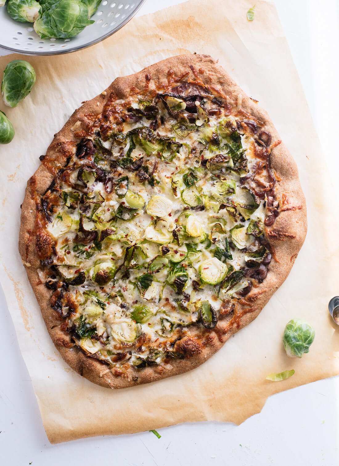 Brussels sprouts pizza with balsamic onions