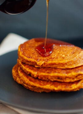 Delicious gluten-free pumpkin pancakes made with only one flour—oat flour!