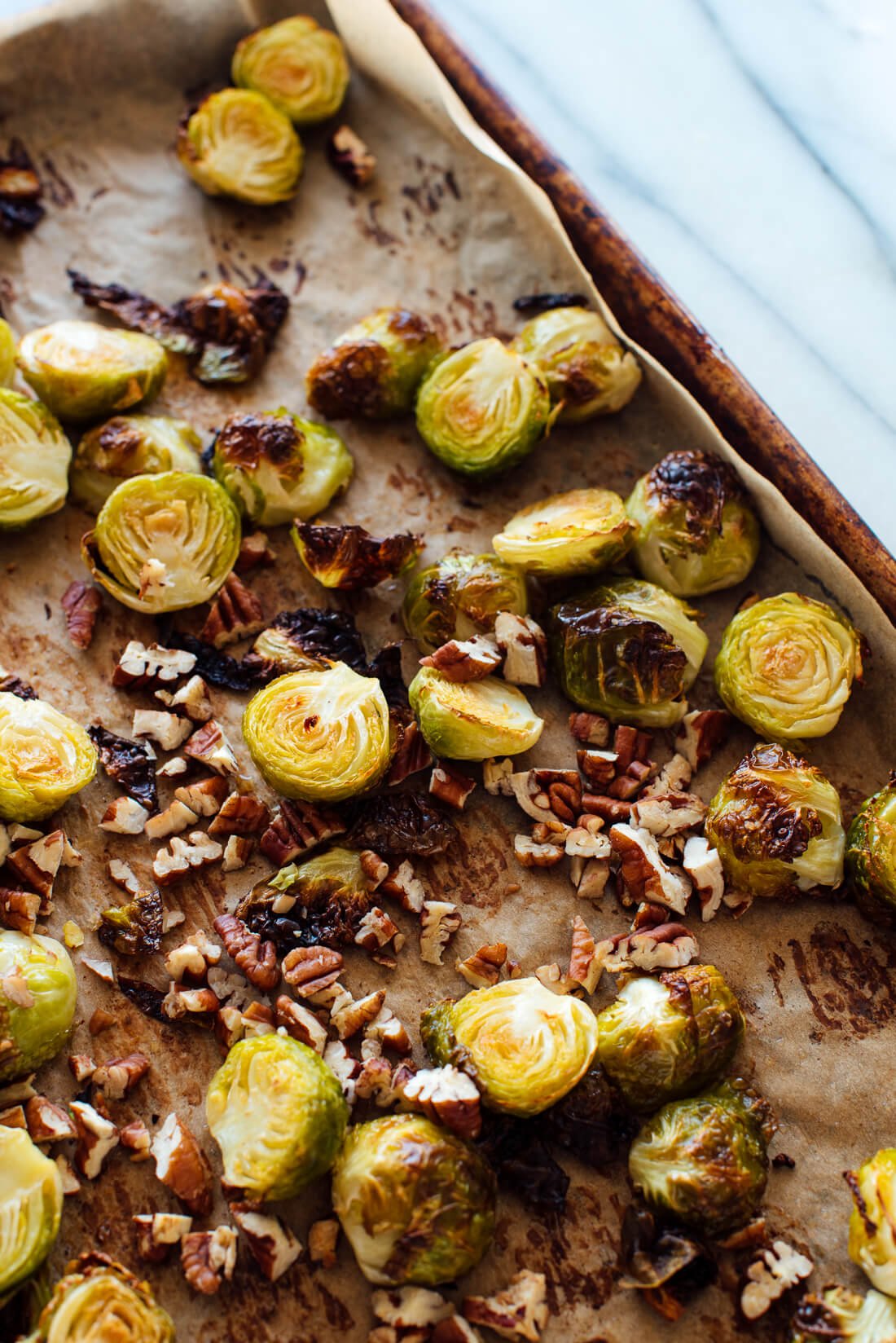 roasted brussels sprouts with cranberries pecans out of oven