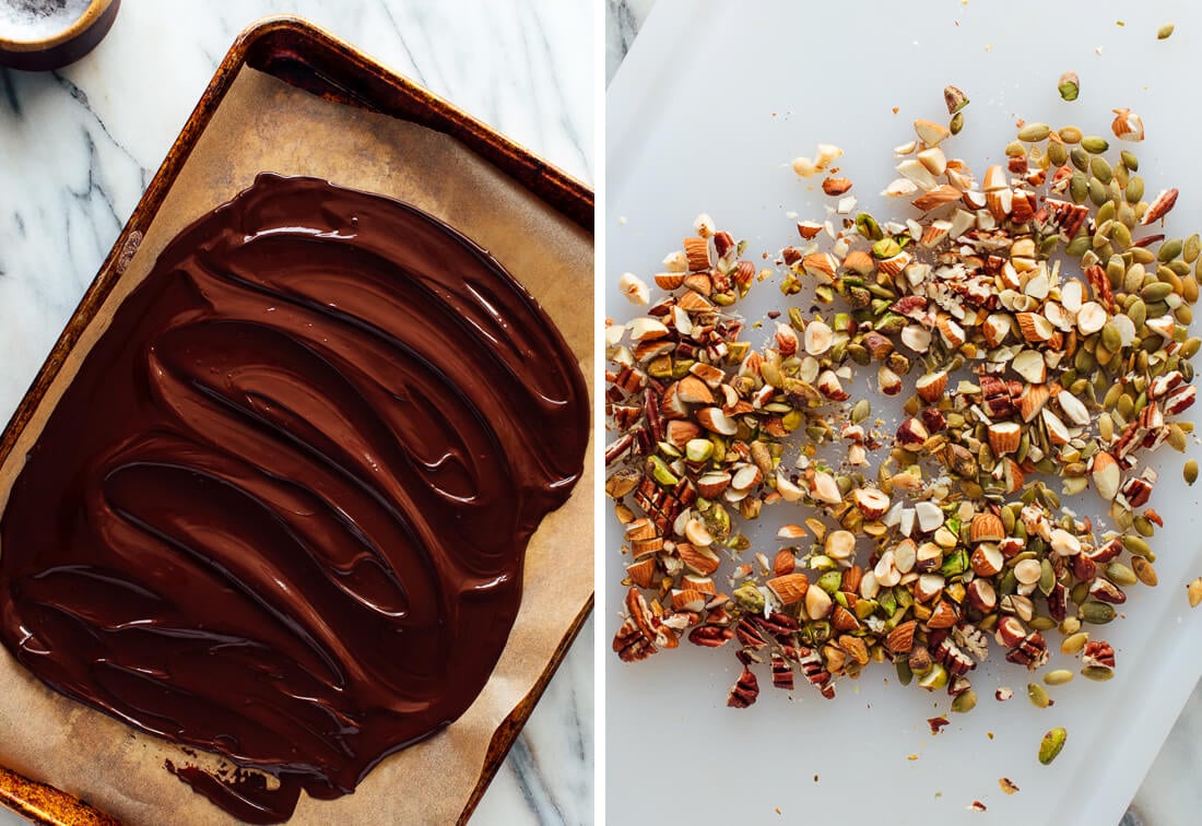 chopped nuts and melted chocolate