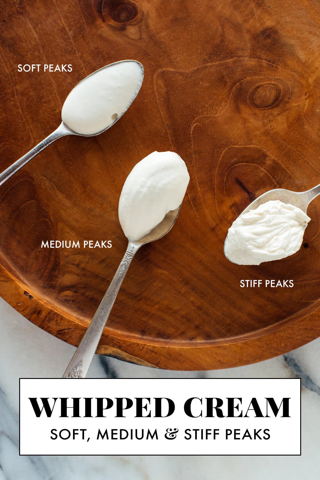 whipped cream examples of soft, medium and stiff peaks