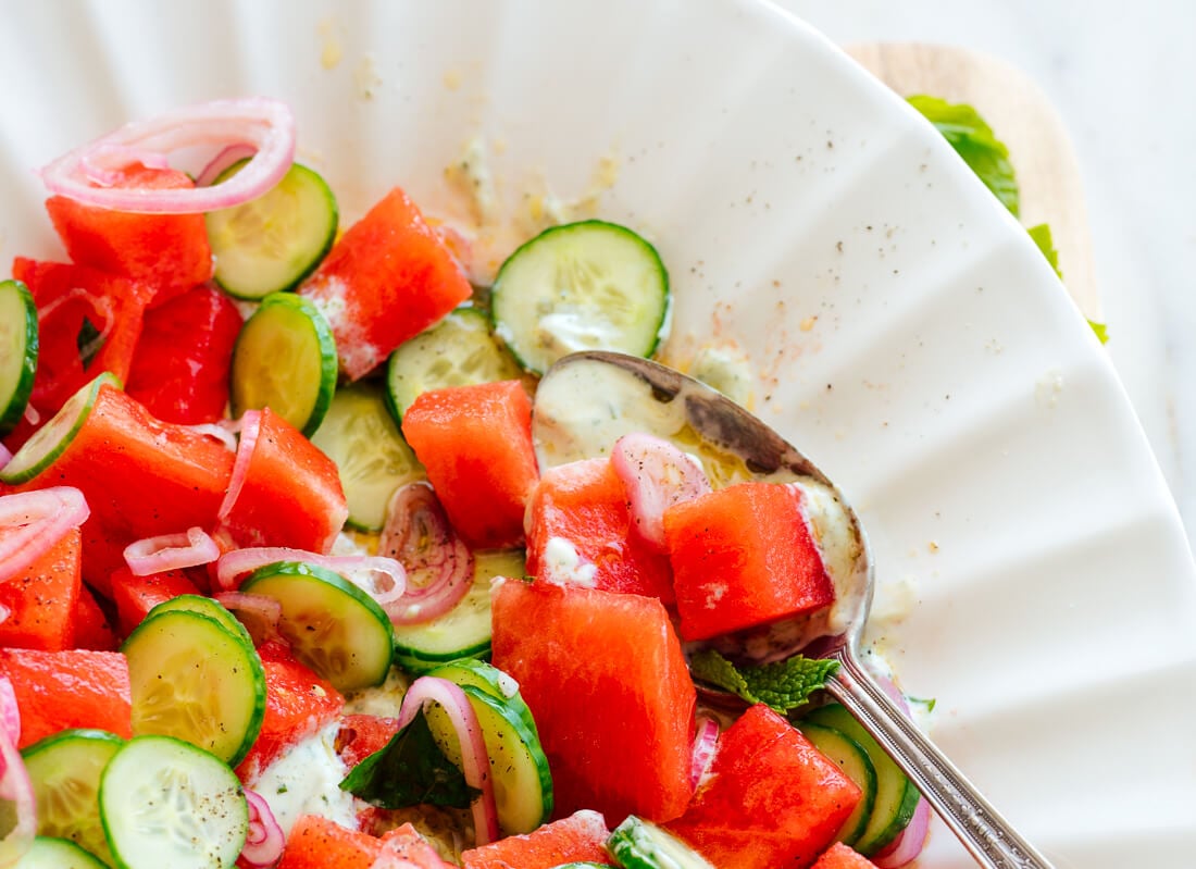 watermelon salad with mint-basil yogurt underneath