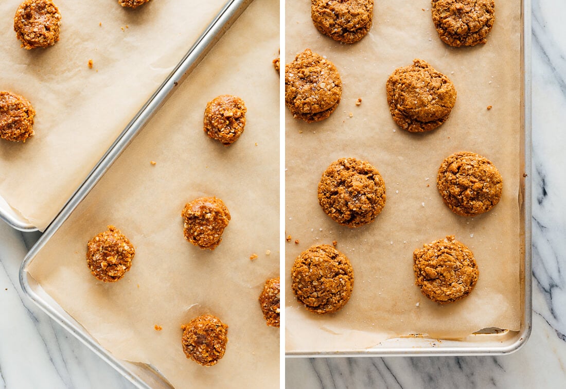 peanut butter cookies before and after baking