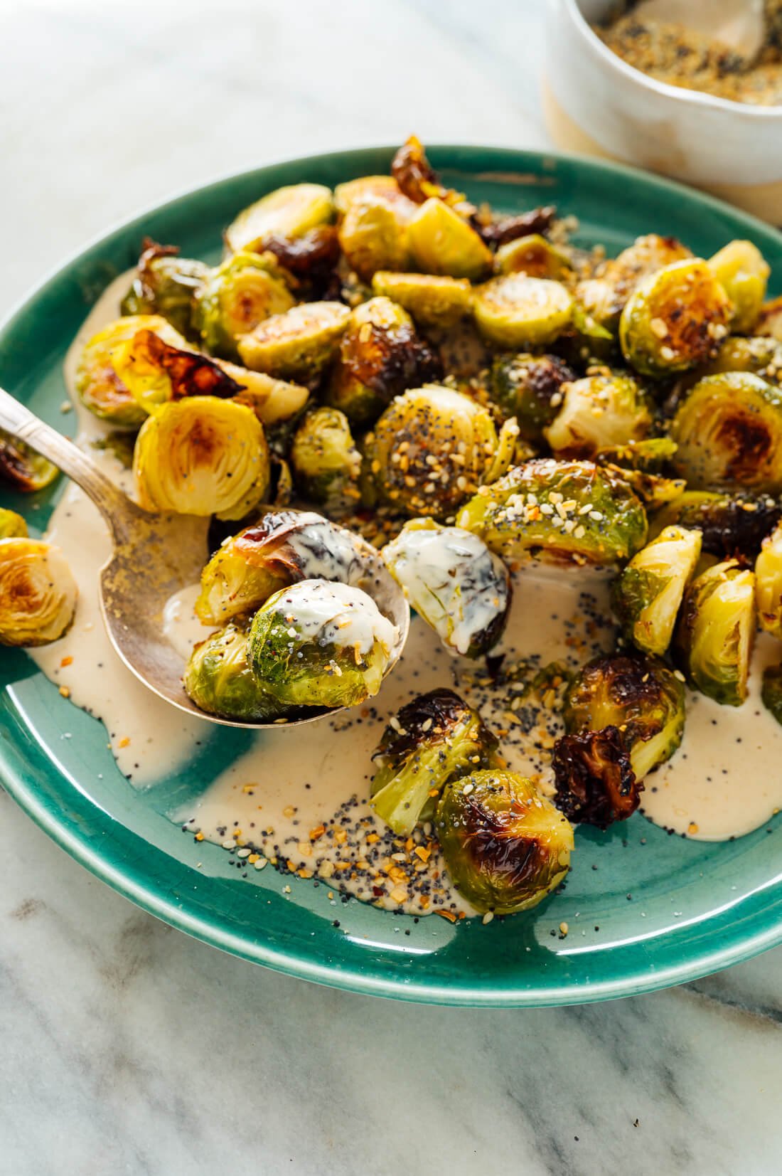 Roasted Brussels sprouts variation with tahini sauce