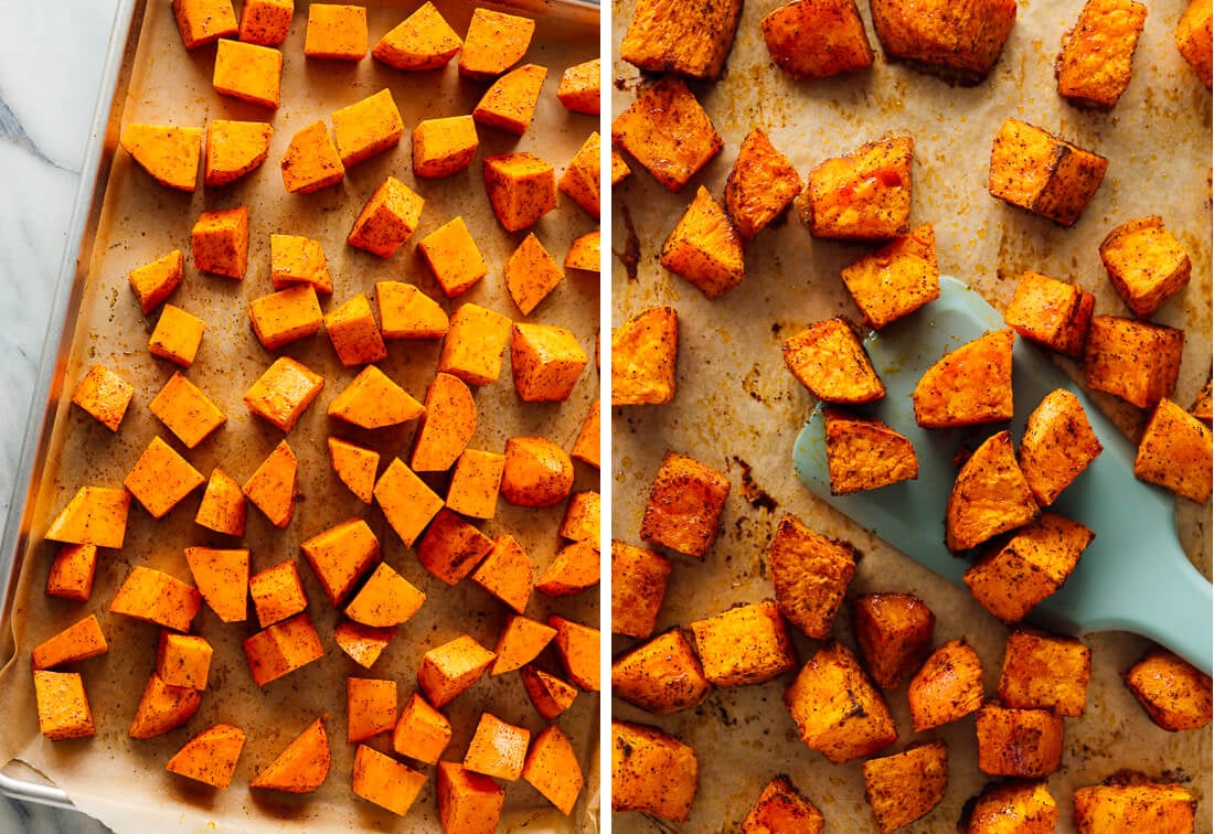 sweet potatoes before and after roasting
