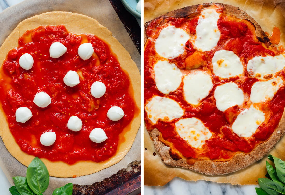 margherita pizza before and after baking