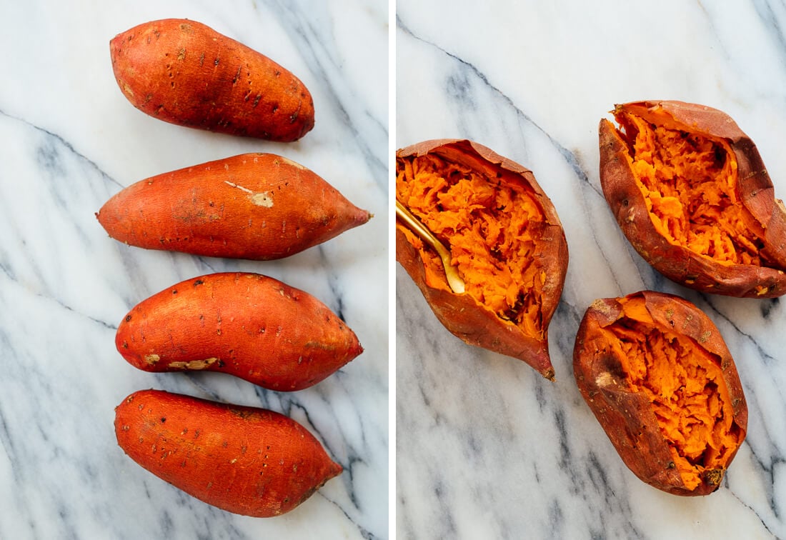 sweet potatoes before and after baking