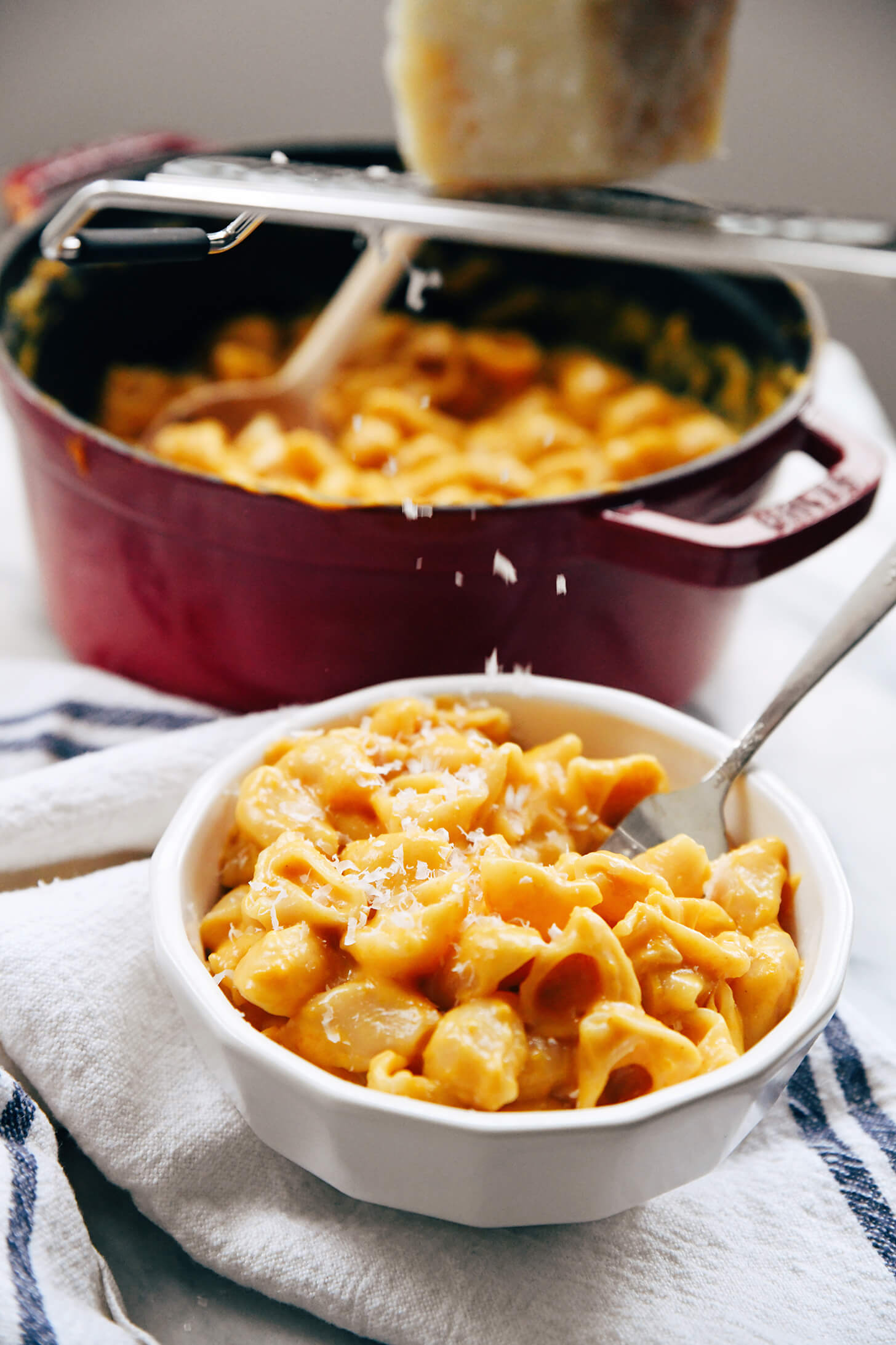 butternut squash mac and cheese with parmesan sprinkle
