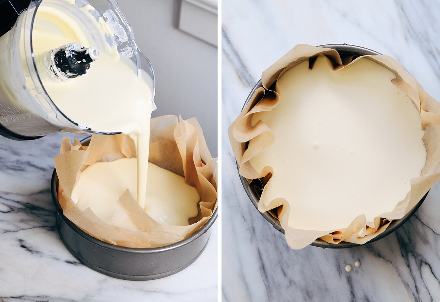 pouring cheesecake into prepared pan