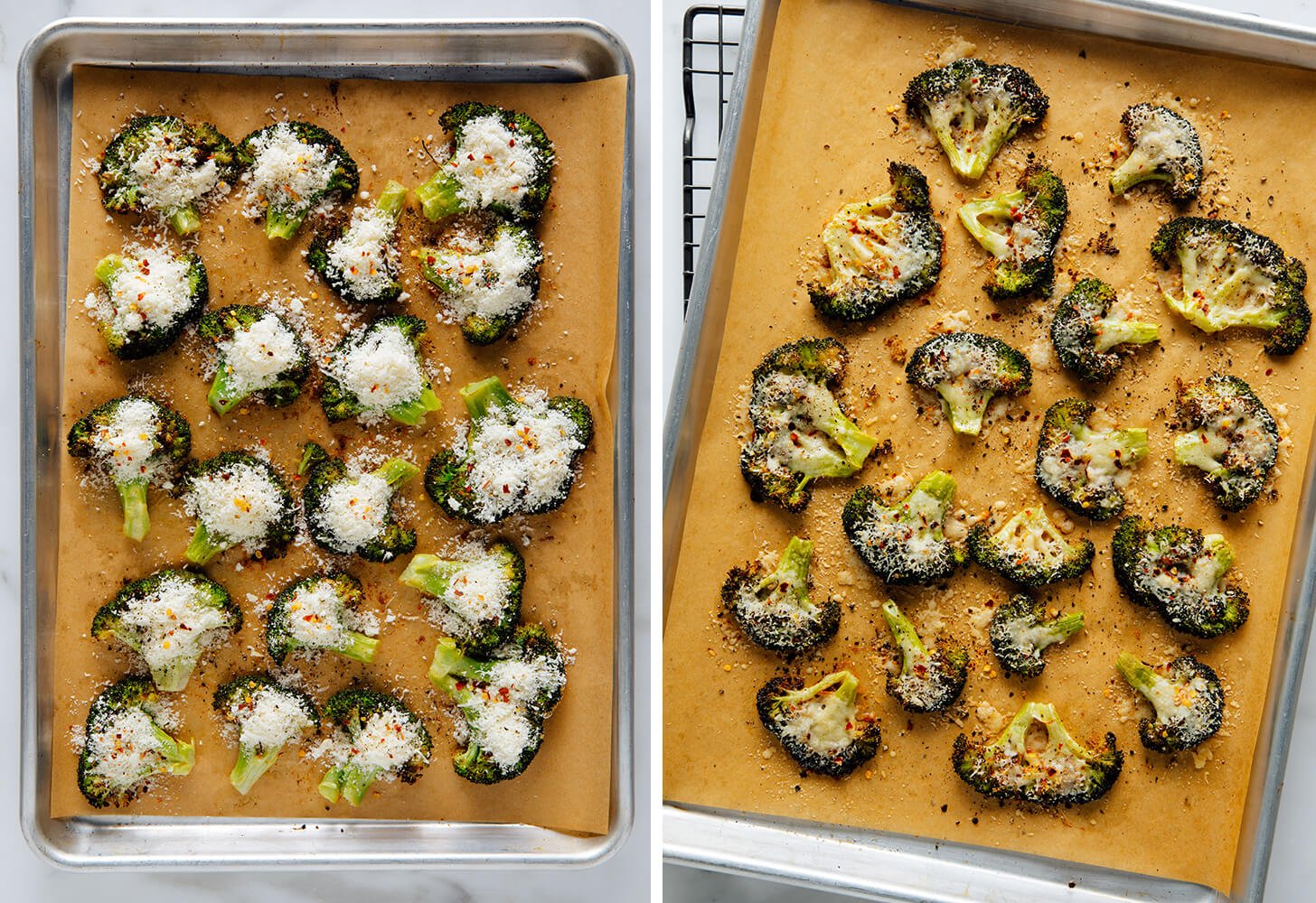 smashed broccoli before and after baking
