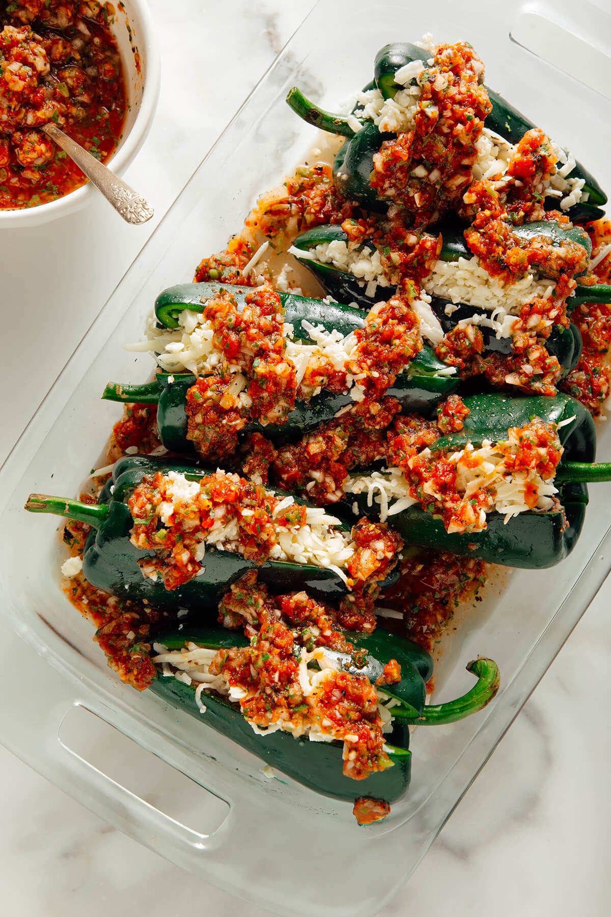 stuffed poblano peppers before baking