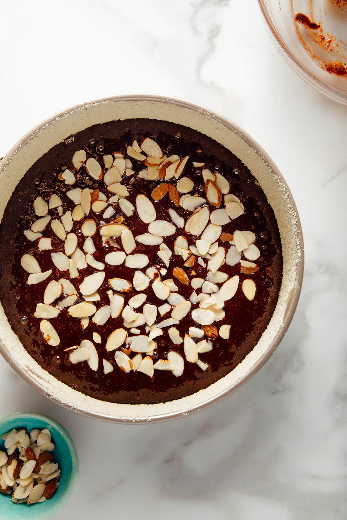 chocolate almond cake before baking