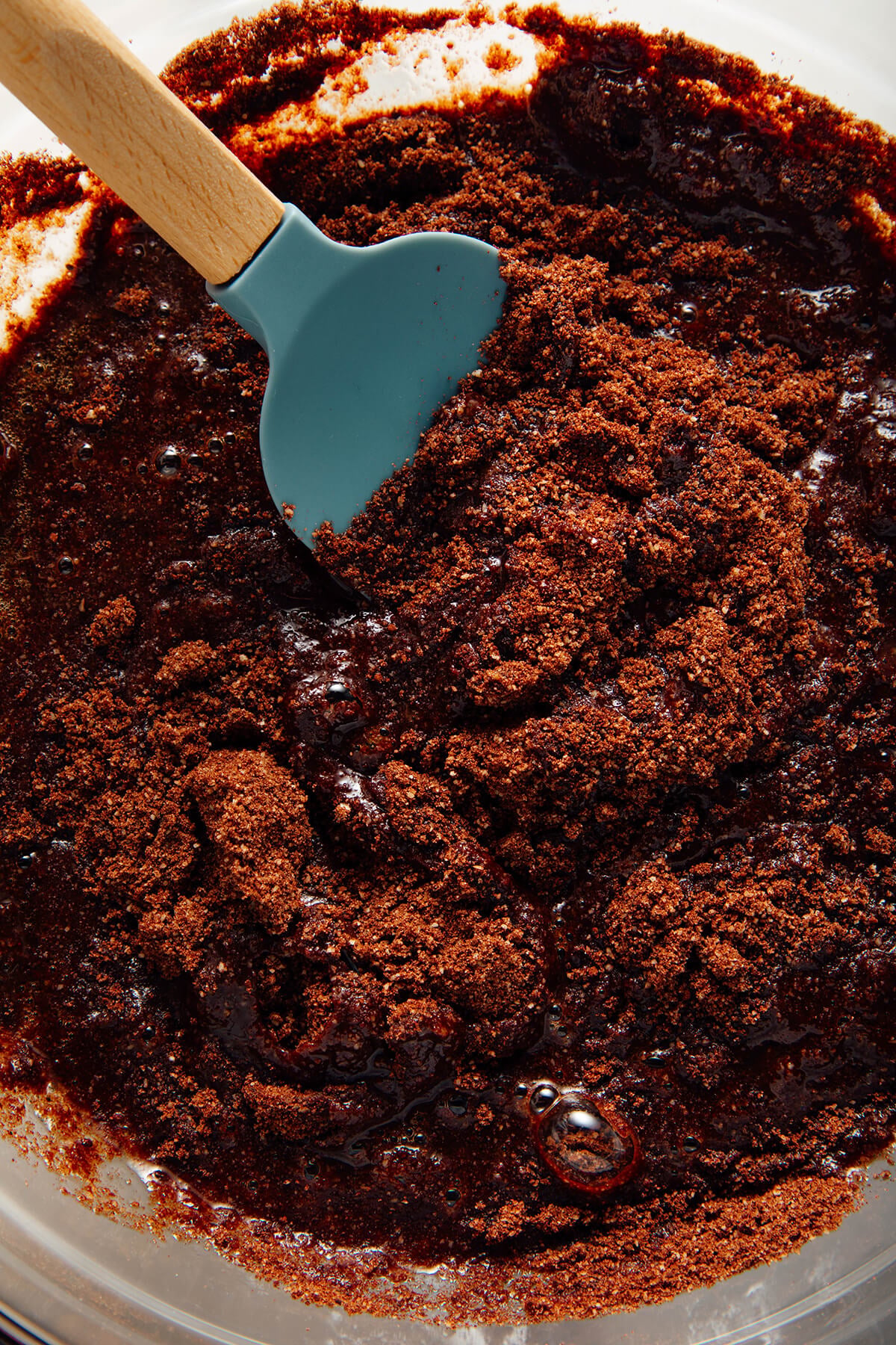 stirring chocolate cake batter